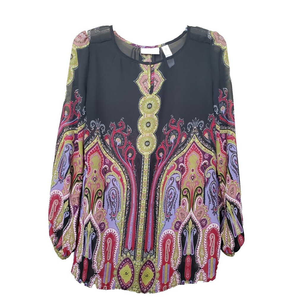 Chico's Sheer Paisley Keyhole Neck Balloon Sleeve Blouse Size 0 Small